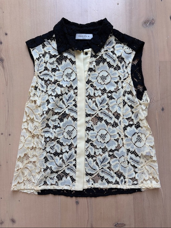 Sandro Paris Tops - Sandro Black & Cream Floral Lace Sleeveless Button Down Top - Large